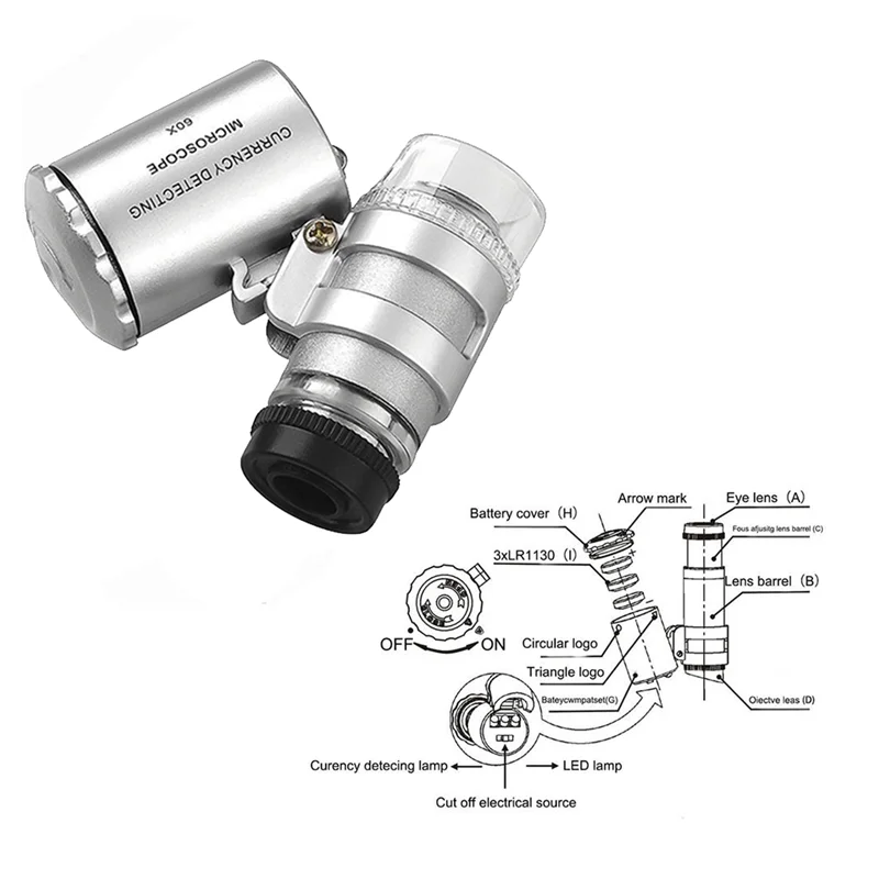 Portable Mini Pocket 60X Microscope Handheld Magnifying Glass Loupe UV Light Currency Detector Jeweler Magnifier