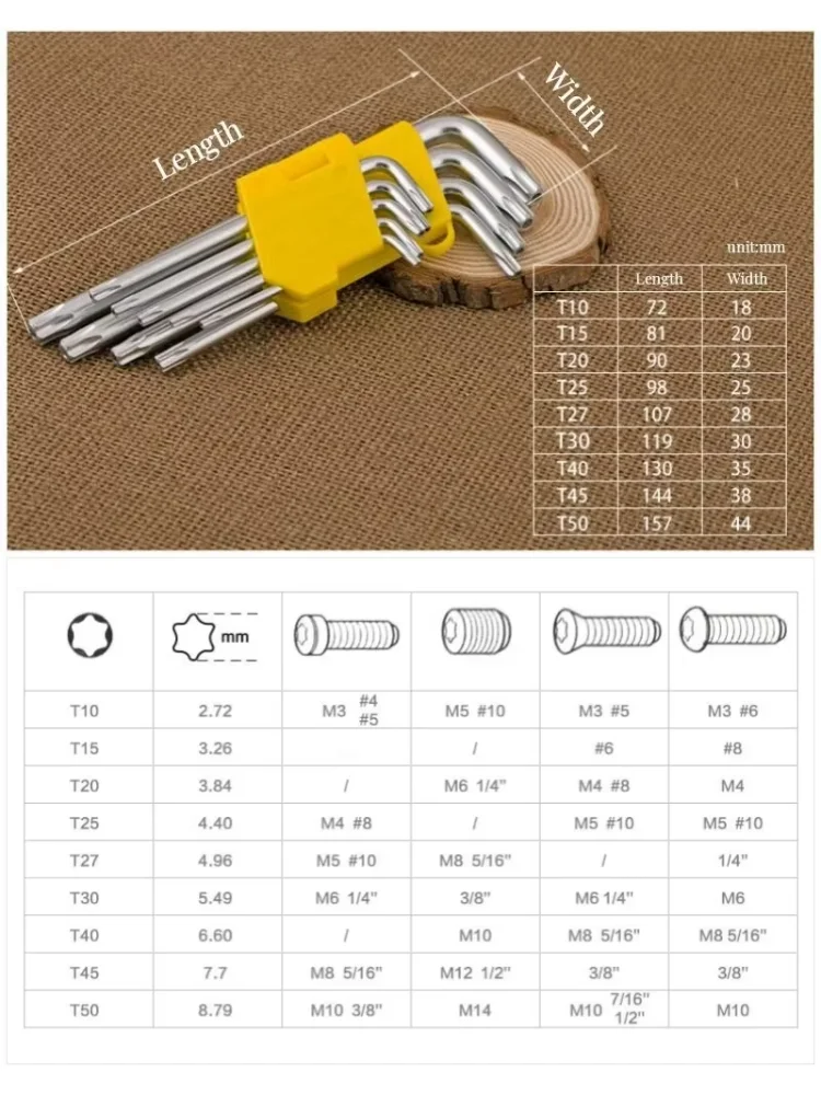 9pcs L Style Six Lobe Torx Screwdriver Wrench Set T10 T15 T20 T25 T27 T30 T40 T45T50 Tamper Proof Security Bolt Screw Driver Key