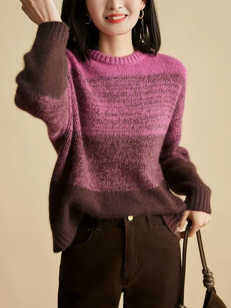 Gradient Vintage Soft Thick Sweater O-neck Fashion Baggy Loose Jumpers Women's Casual Long Sleeved Bottomed Knitted Pullovers