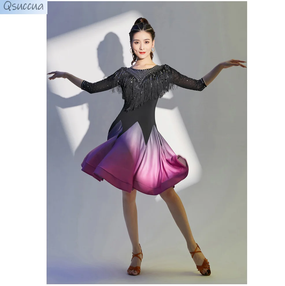 Competition One-Piece Latin Dance Dresses Women Stretchy Dress Half Sleeves Fringes Costume Satin Skirt