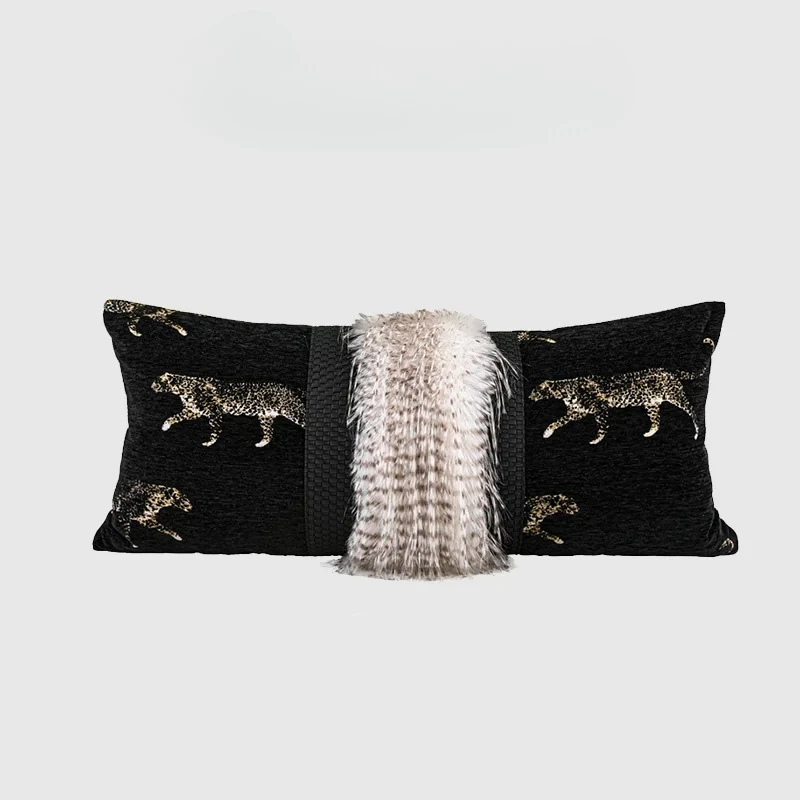 Gold Metallic Leopard Panthera Jacquard Lumbar Pillowcase Chenille Oblong Stunning Cushion Cover With Faux Fur Decor