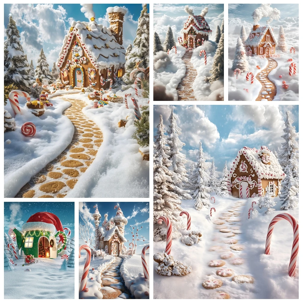 

Winter Snow Christmas Backdrop Gingerbread House Candy Cane Baby Portrait Xmas Eve Family Kids Portrait Photography Background