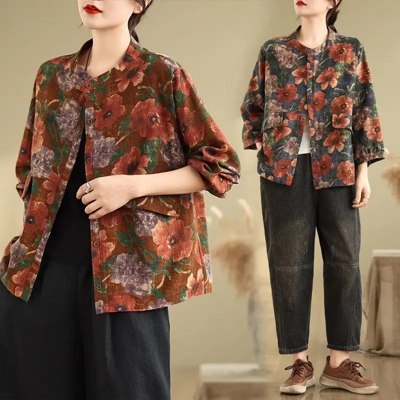 

Large Size Women's Vintage Color Block Shirt | 2024 Spring Autumn Cotton-Linen Blend | Oversized Loose Casual Blouse G130