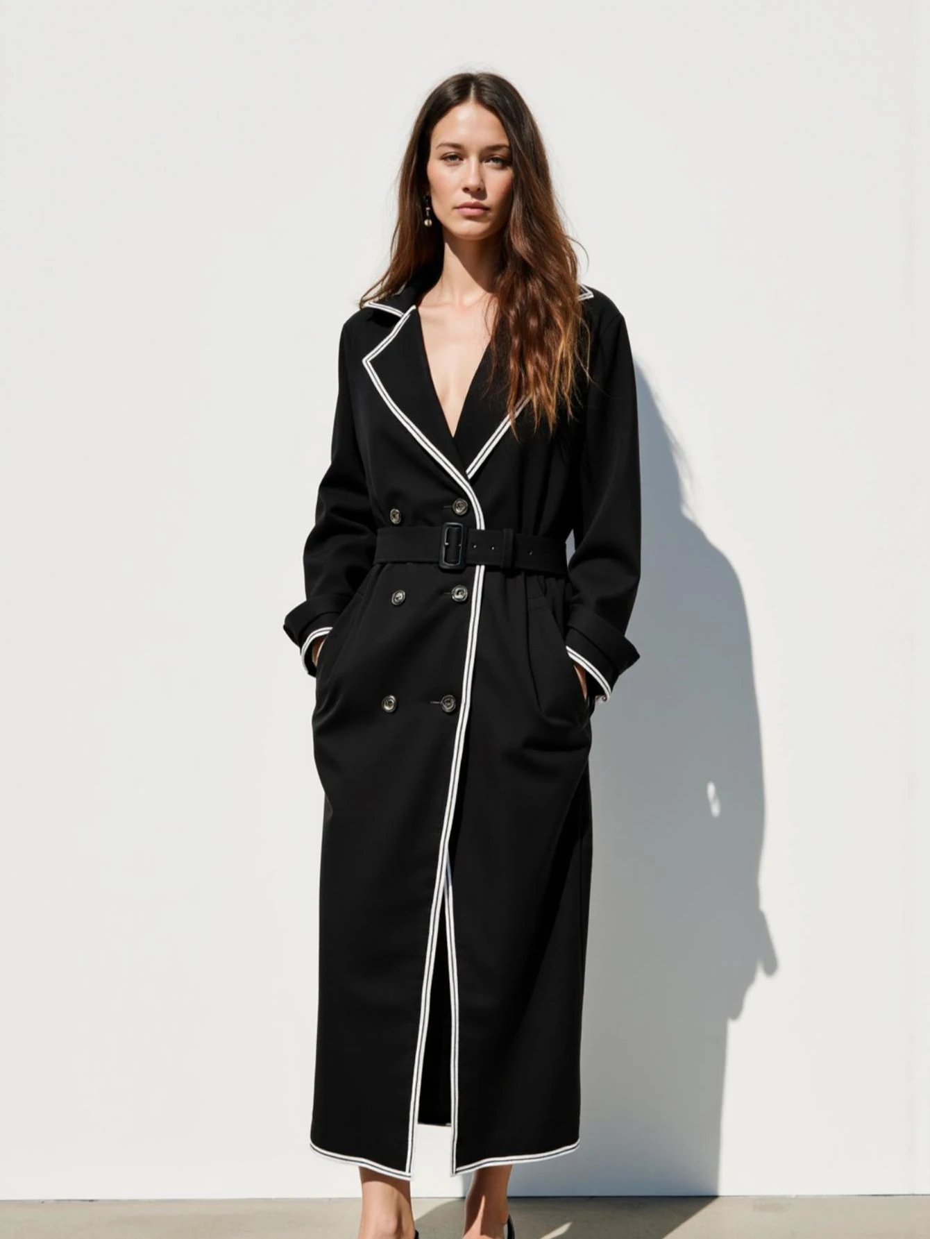 

Женский осенний плащ, элегантный длинный рукав с лацканами контрастного цвета, стандартный крой, офисный женский стиль