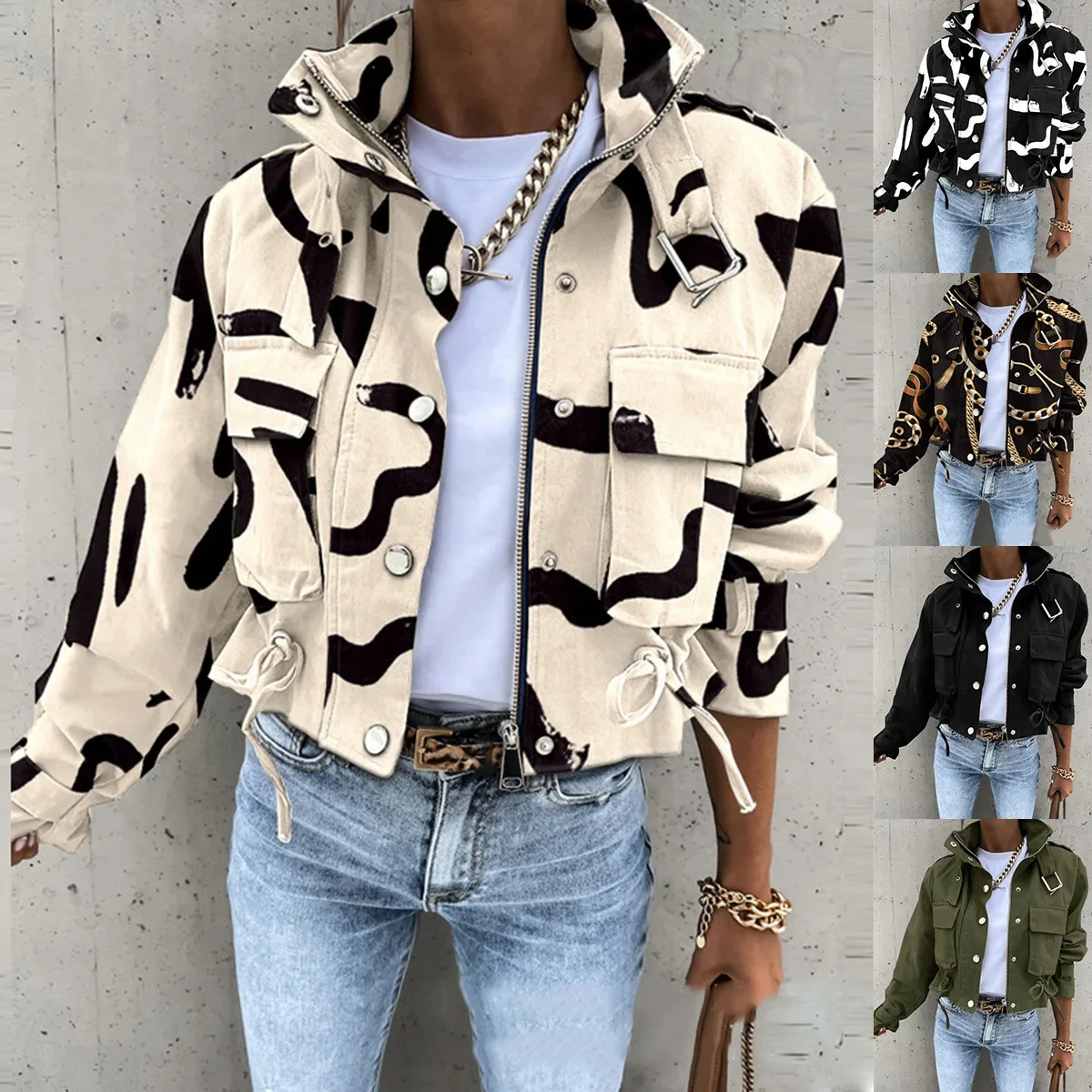 

Jackets Women Coats Stand Collar Coat Zipper Print Y2k Tops Streetwear Casual Outerwear Single Breasted Spring Work Jacket