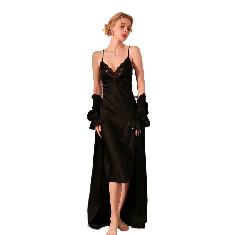Sexy Sleepwear Backless Beauty Back Solid Color Deep V To Wind Ice Silk Lace Home Suit   Explosive New Sexy Halter Nightdress