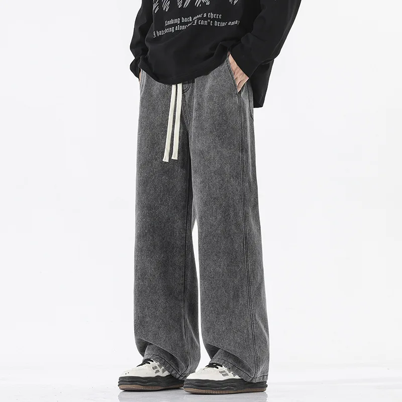 Men's Hip Hop Vintage Washed Boyfriend Drawstring Denim Jeans Mid Waist Elastic Loose Straight Wide Leg Casual Long Pants