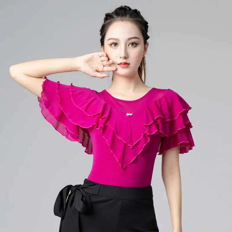 Ruffle Latin Dance Practice tuta Mesh Waltz Top New Ballroom Girl Jazz tinta unita Costume da competizione t-shirt estiva femminile