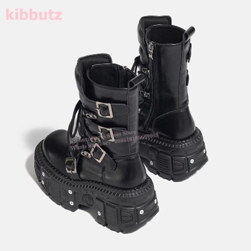 Botas de cano médio escuro rock punk metal fundo grosso fivela de cinto dedo do pé redondo aumento de altura rendas zíper moda sapatos femininos mais novos