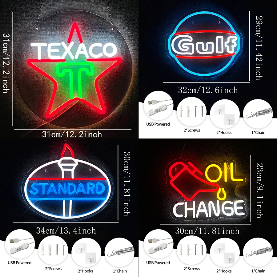 Oil Change/Texaco/Gulf/Standard LED Neon Sign for Wall Decor, Automobile Repair Shop Auto Room Workshop Garage Accessories