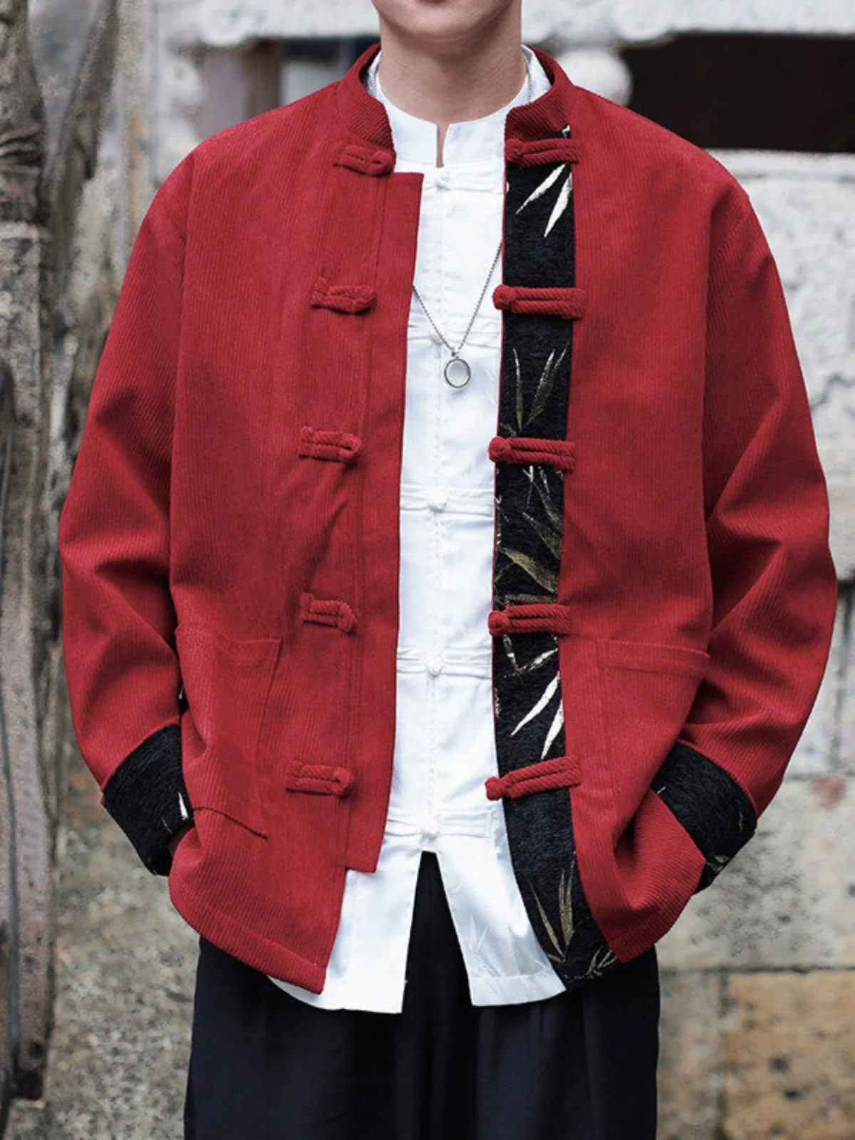 

Red Chinese Sle Cotton Jaet Men's Autumn Winter Corduroy Stand Collar Button up Jaet Large Size Retro Tang Costume Trendy