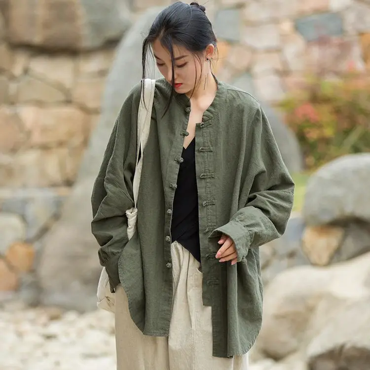 

Women Chinese Style Linen Shirts And Tops Stand Long Sleeve Blouses 2025 Spring New Solid Color Button Vintage Shirts