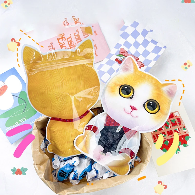 Cute Cat Shape Candy Bags Self Adhesive Plastic Gift Packaging Pouch For Kids Birthday Party Decor DIY Baking Cookie Favor Bags