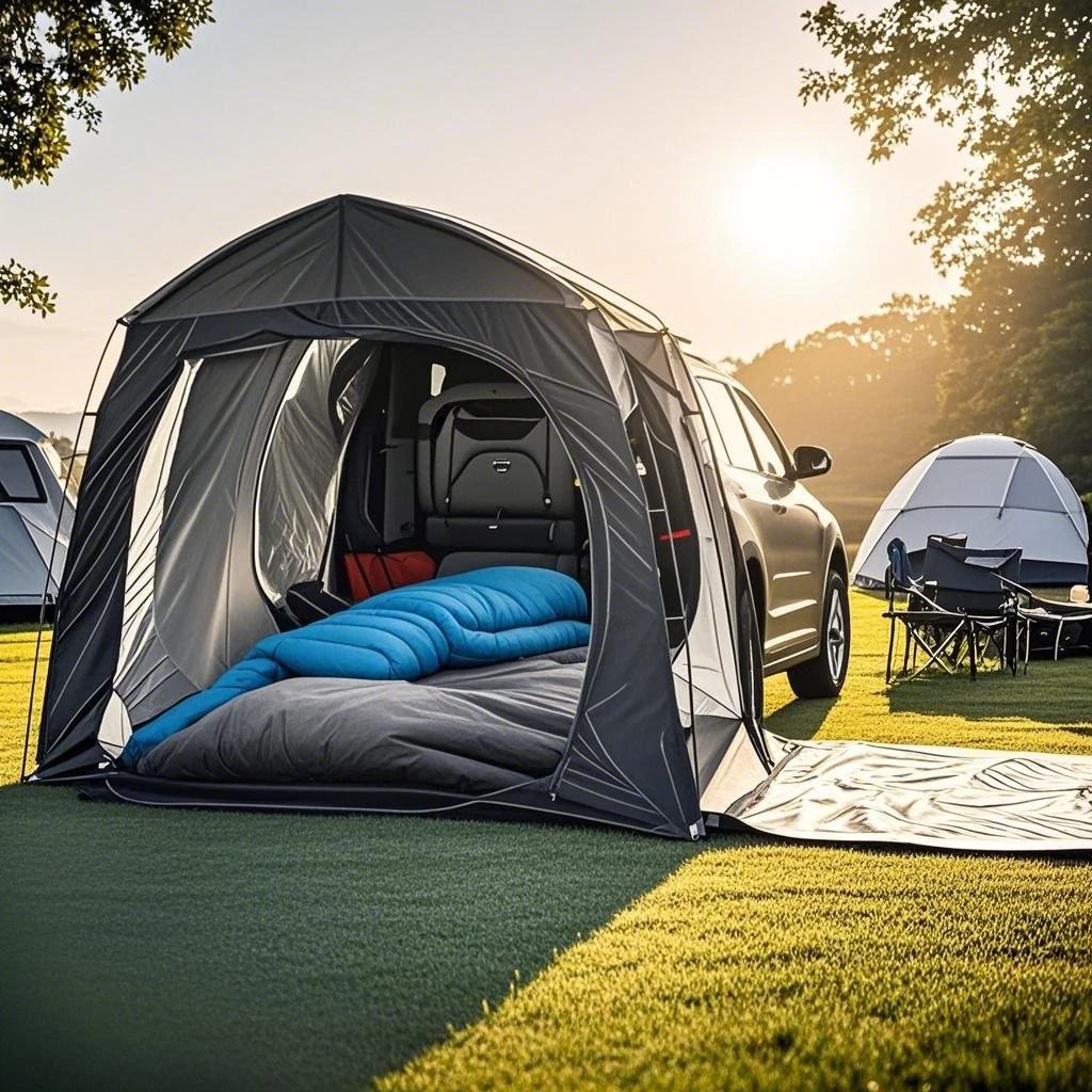 Instalación rápida Tienda de campaña para automóvil/tienda SUV 3 puertas de malla Porche extendido 210D Oxford Protección UV de techo alto para 4 personas para eventos al aire libre