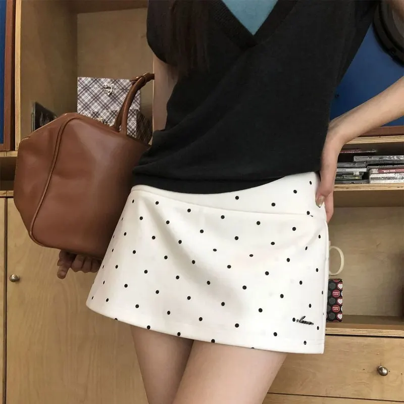 

Korean White Polka Dots Bag Hip Mini Skirts Summer A-Line Zipper Female Clothing Fashionable Decoration Basic High Waist Skirts