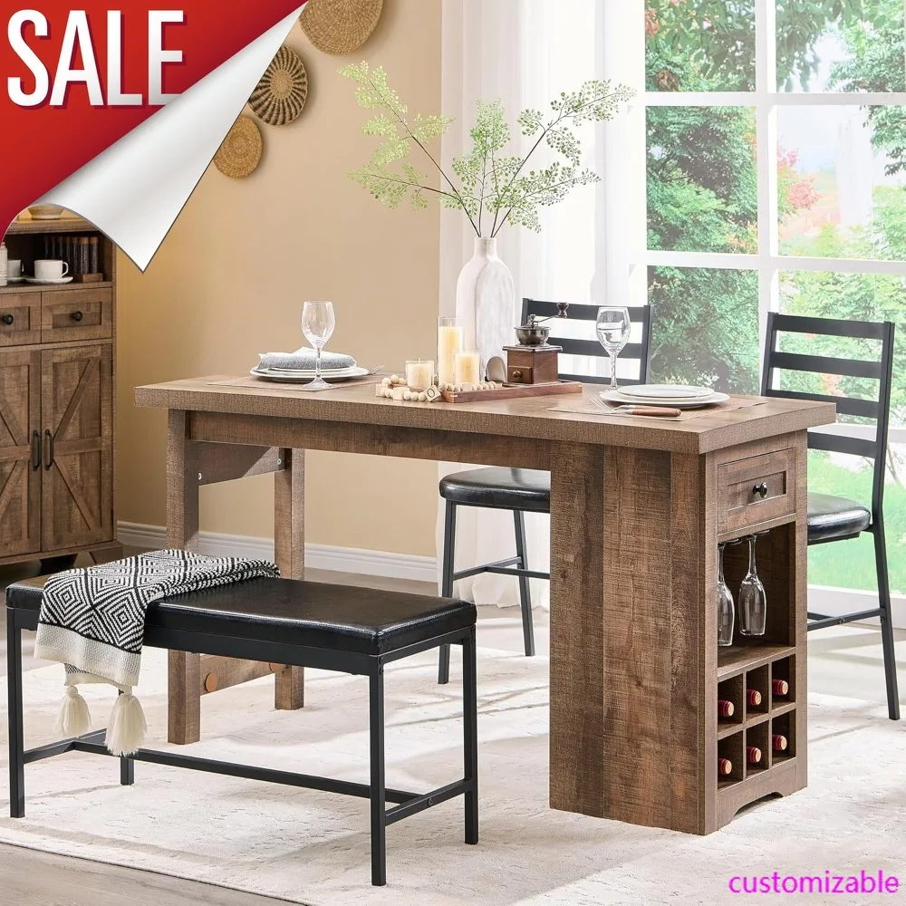 

Fashion-forward-Farmhouse Dining Table Set For 4, 55" Large Kitchen Table Set With 2 Chairs And Bench, Rustic Wood Dining Bar Ta