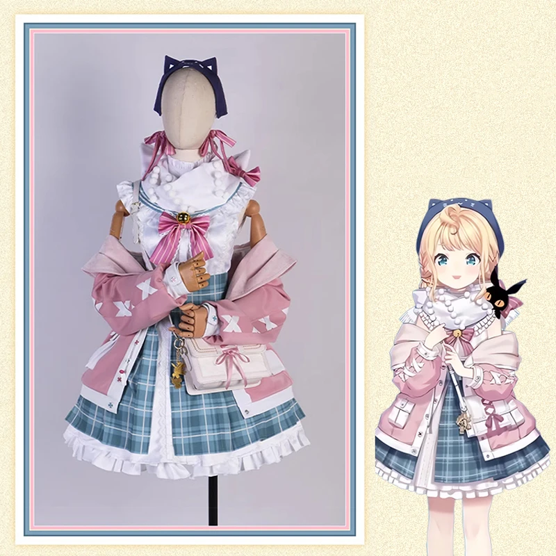 Vtuber Cos Millie Parfait Cosplay Cute Winter New Outfit plaid skirt Women pink Bow Tie Costume