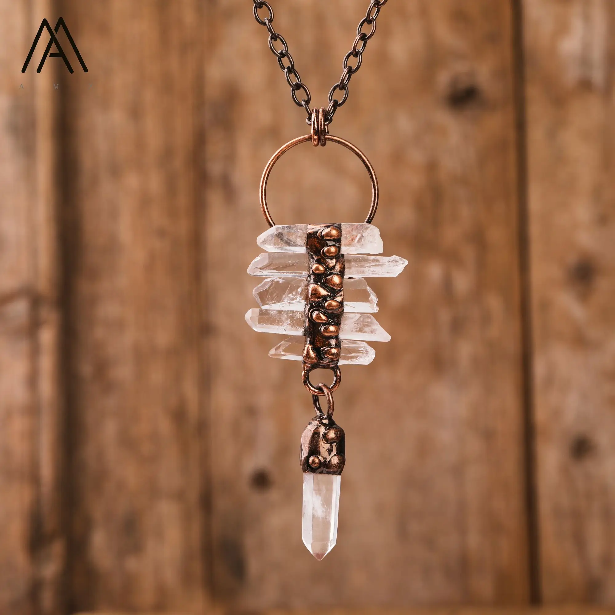 

Natural Crystal Quartz Healing Reiki Chakra Antique Bronze Chain Moon Pendant Vintage Necklace Jewelry Gift