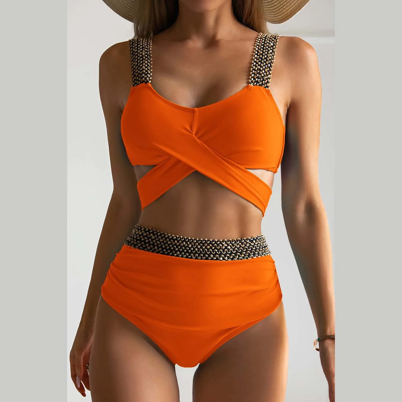 Low Bust Trim High Waist High Cut Golden Seam Crochet Wide Band Trim Two Bikini Sets Swimsuit Fat Woman Bikini