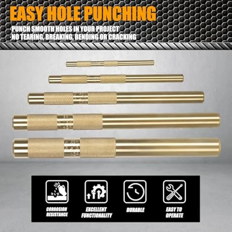 Brass Drift Punch Tool Set 5 Piece With 1/4 Inch, 3/8 Inch, 1/2 Inch, 5/8 Inch, 3/4 Inch Brass Drift Punches