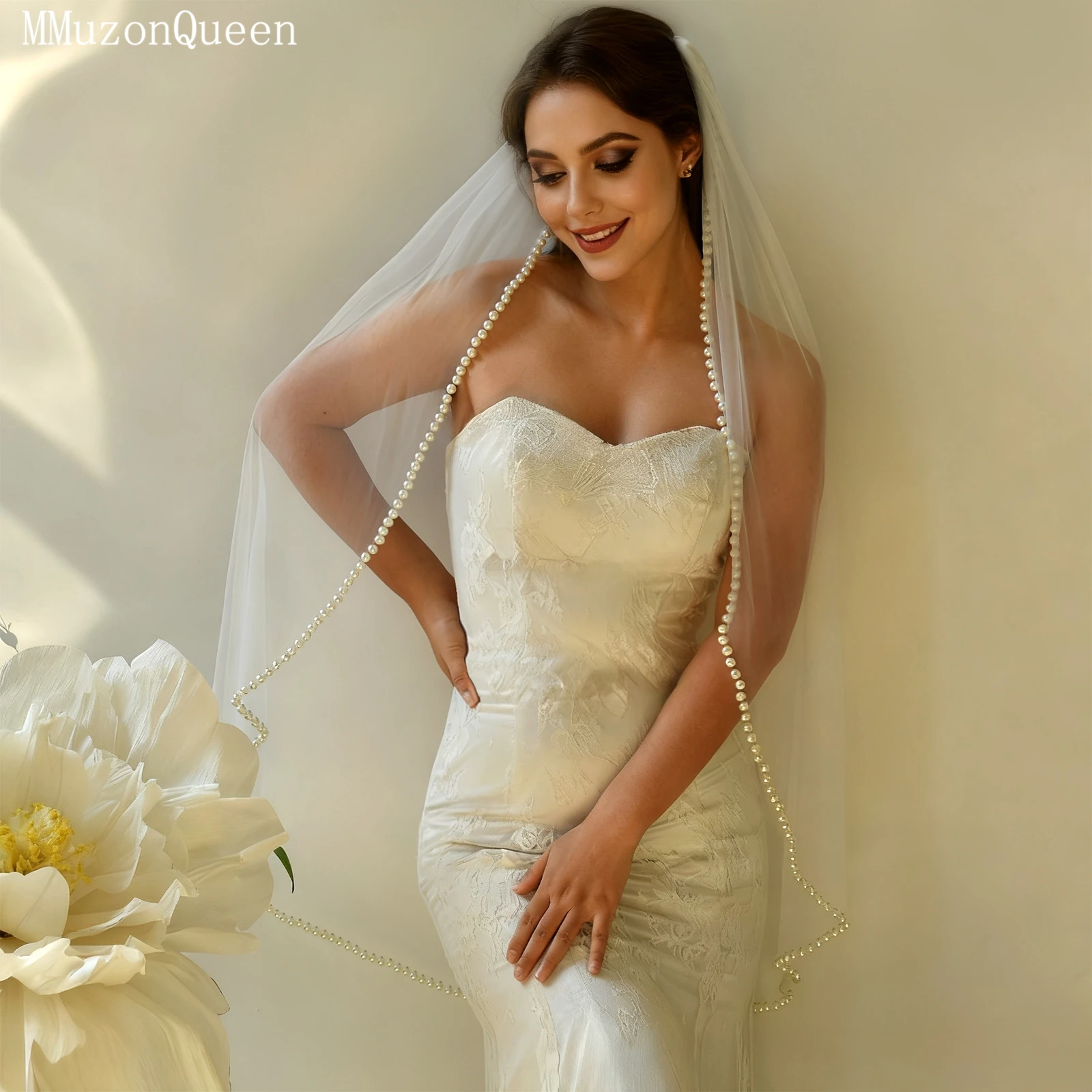 TOPQUEEN V119 أنيقة اللؤلؤ مطرز الحجاب الزفاف 1 متر طويل طبقة واحدة اللؤلؤ طرحة الزفاف اكسسوارات الزفاف للتخصيص