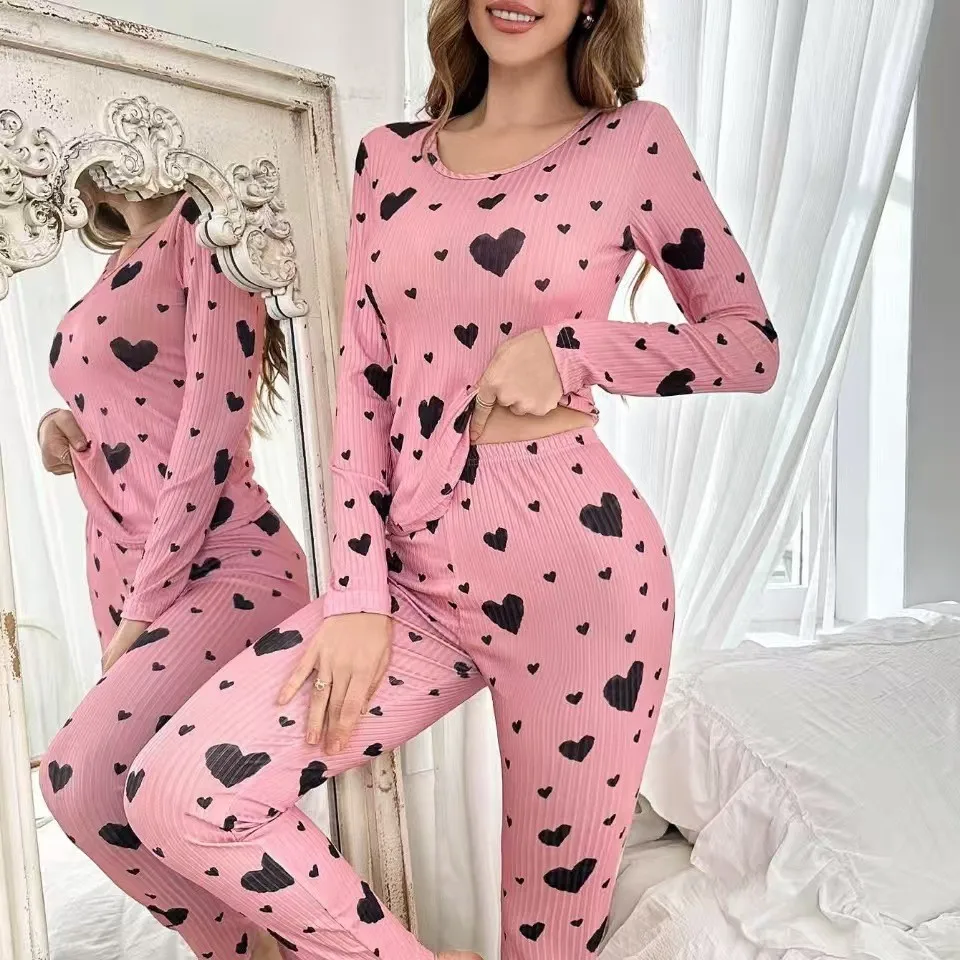 

Autumn Women's Pyjamas Ribbed Heart Print Soft and Comfortable Long-Sleeved Top and Trousers Casual and Fashionable Homewear