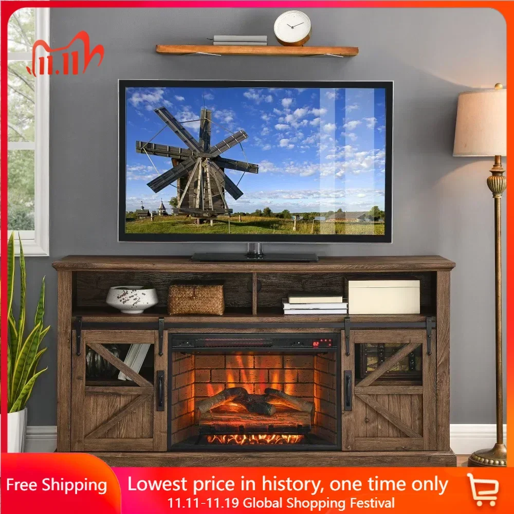 60 Inch Electric Fireplace  Entertainment Center With Door Sensor-Reclaimed Barnwood Color