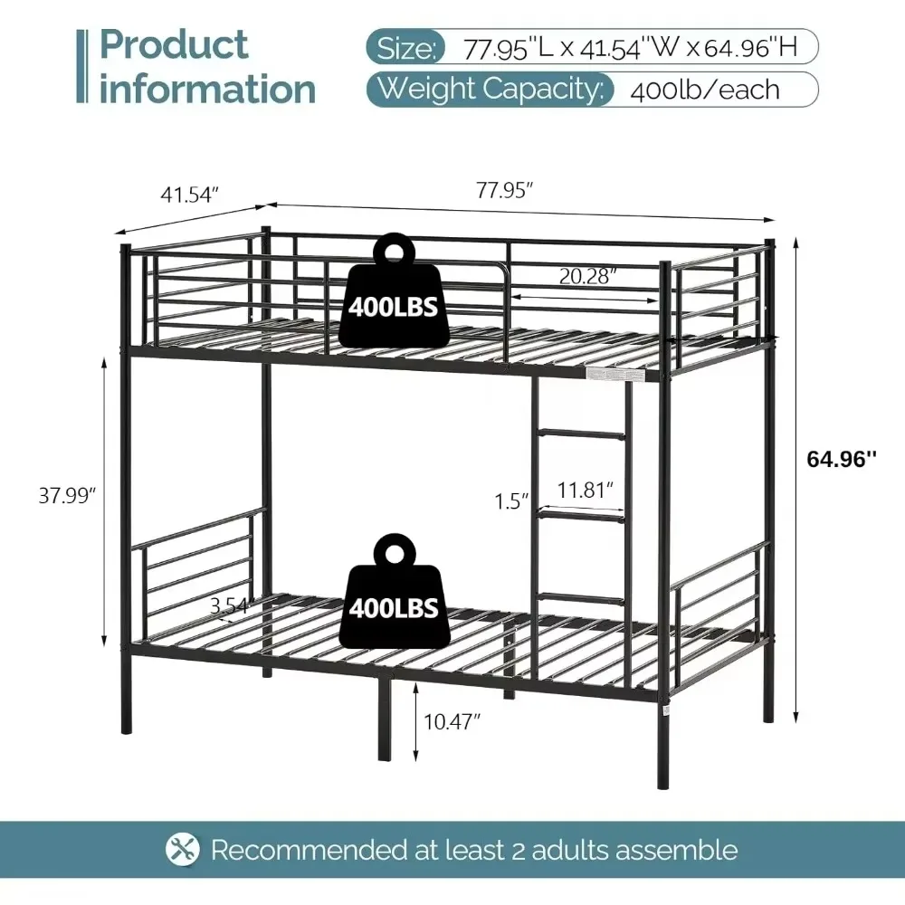 Bunk Bed Twin Over Twin, Twin Bunk Beds for kids/Teens/Adults, Flat Ladder and High Guardrail, Metal Bunk Bed with Stairs, Beds