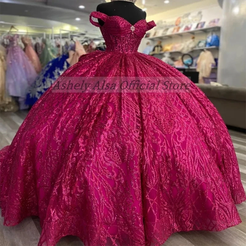 Custom Made Luxury Sequined Quinceanera Dresses Sweet 16 Girls Off Shoulder Ball Gown Birthday Party Dress Prom Vestido De 15 14