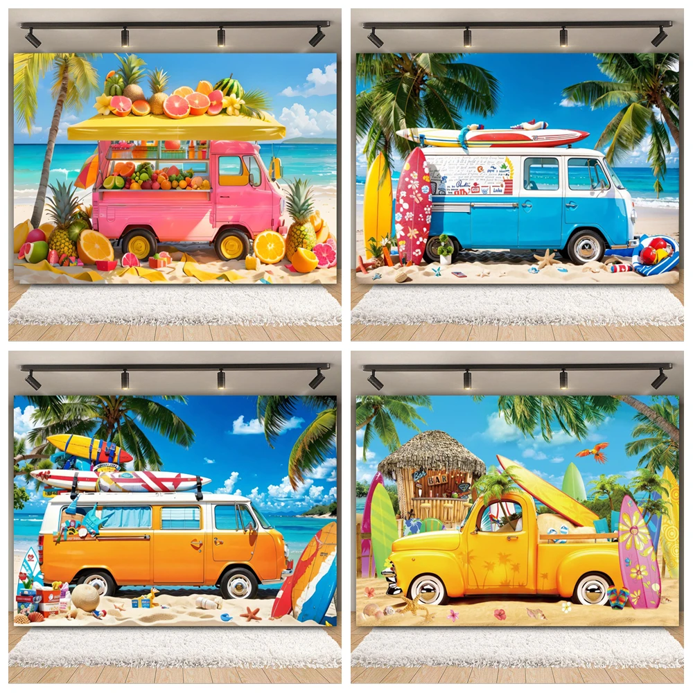 

Summer Beach Photography Backdrop Car Palm Tree Surfboard Hawaiian Tropical Seaside kids Birthday Holiday Party Photo Background