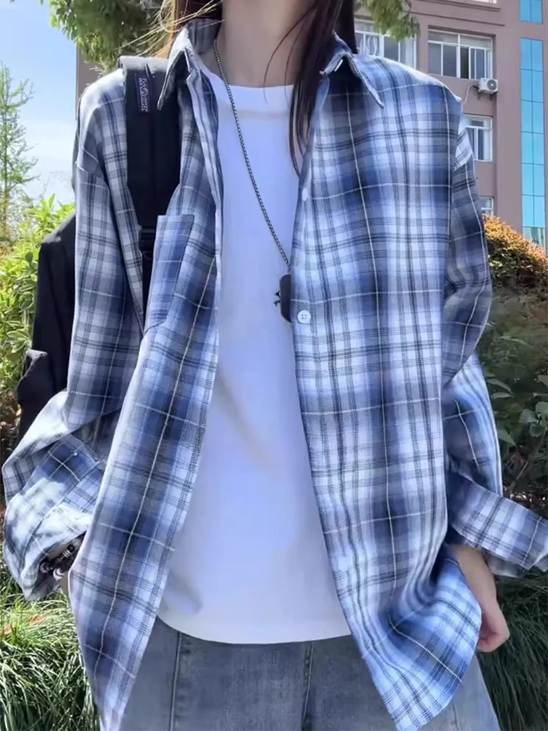 Blue Plaid Spliced Shirt Men Women Autumn Thin Korean Style Couple Long Sleeve High Hanging Sensation Sunscreen Outerwear