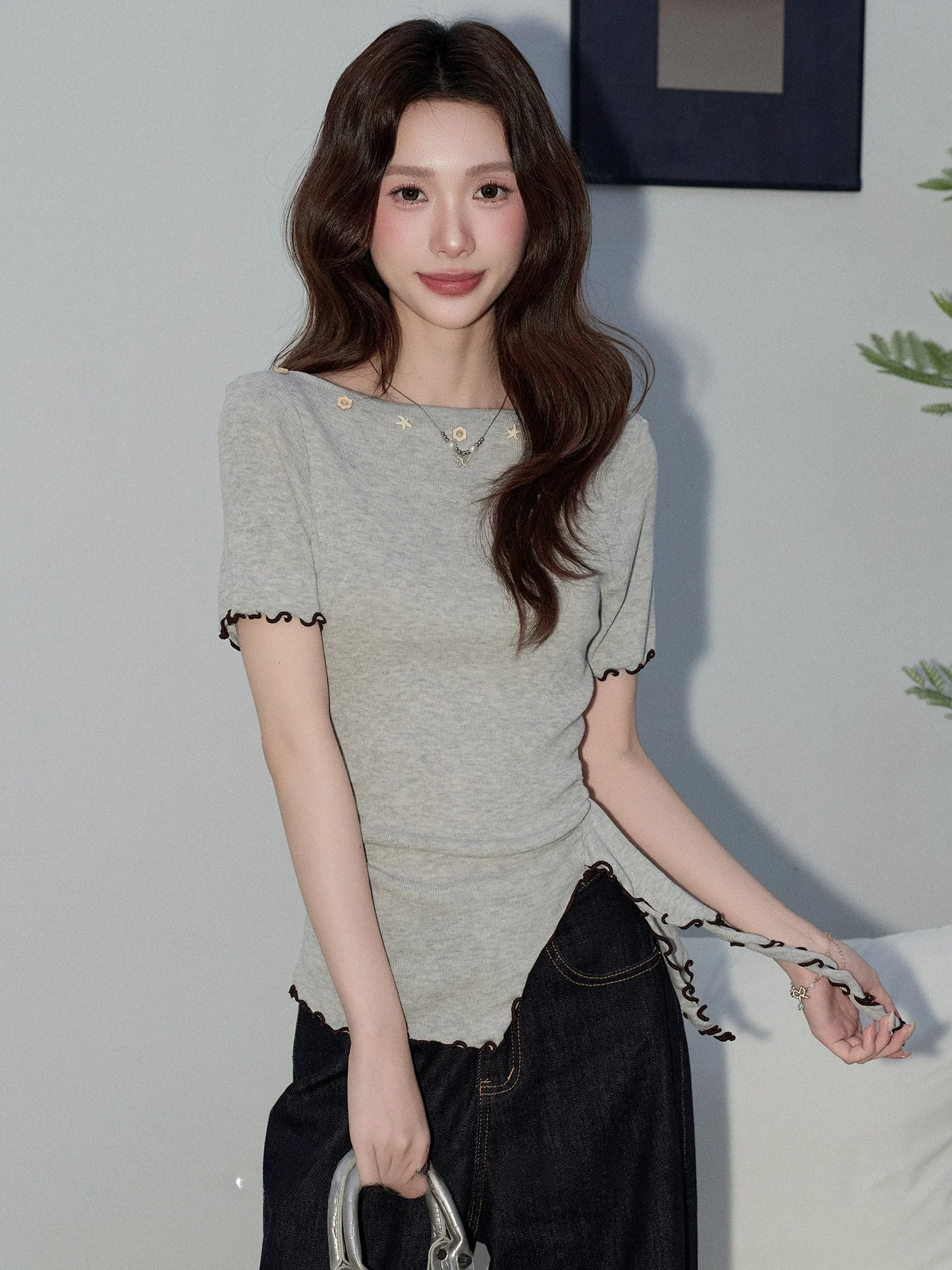 

Женская футболка Mii Xiaoke с коротким рукавом, серая, с разрезом и узлом, летняя, приталенная, универсальная, в корейском стиле, с завышенной талией, А-силуэт