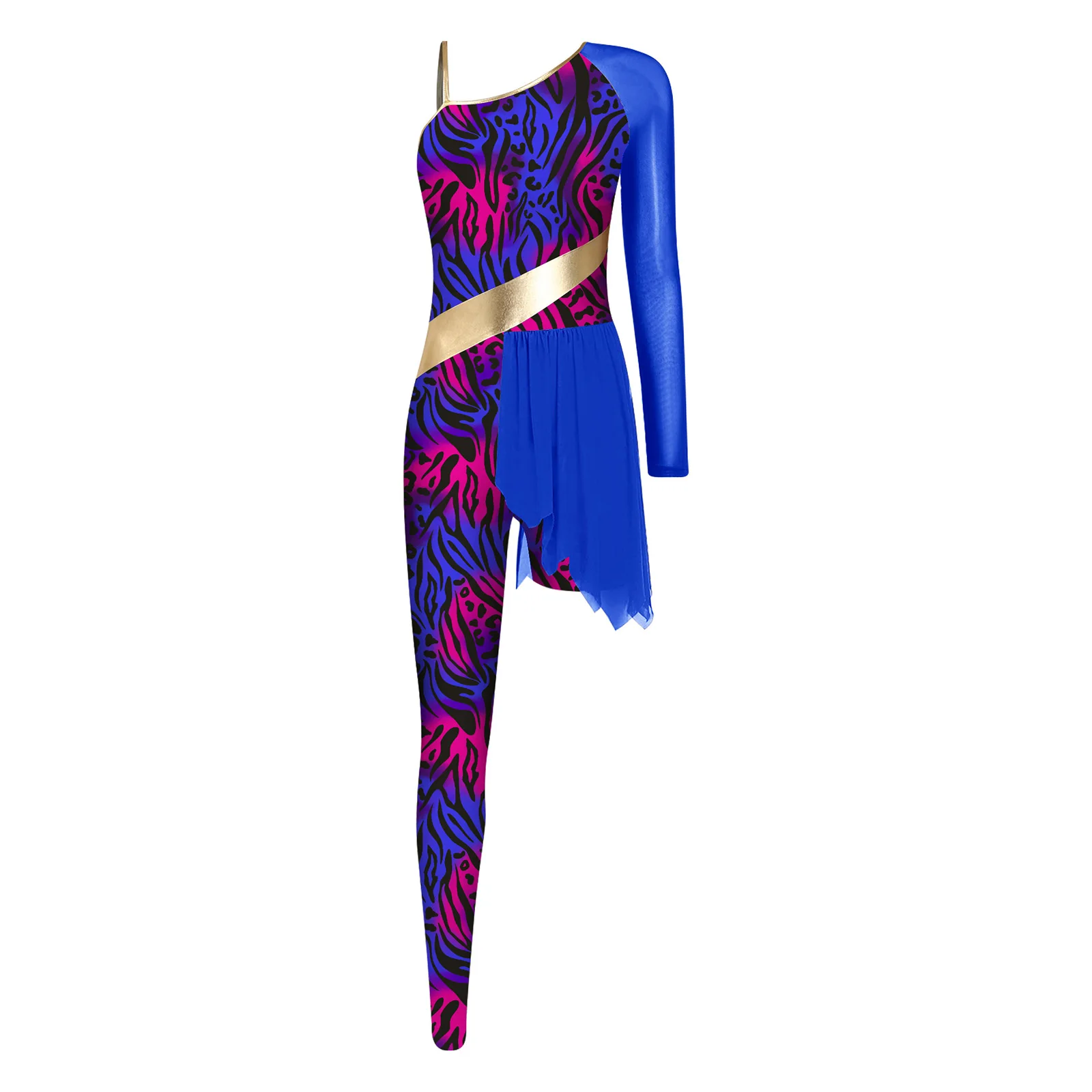 Womens Cavewoman Cosplay Asymmetrical Jumpsuit One Shoulder Mesh Patchwork Printed One Leg Romper for Halloween Carnival Party