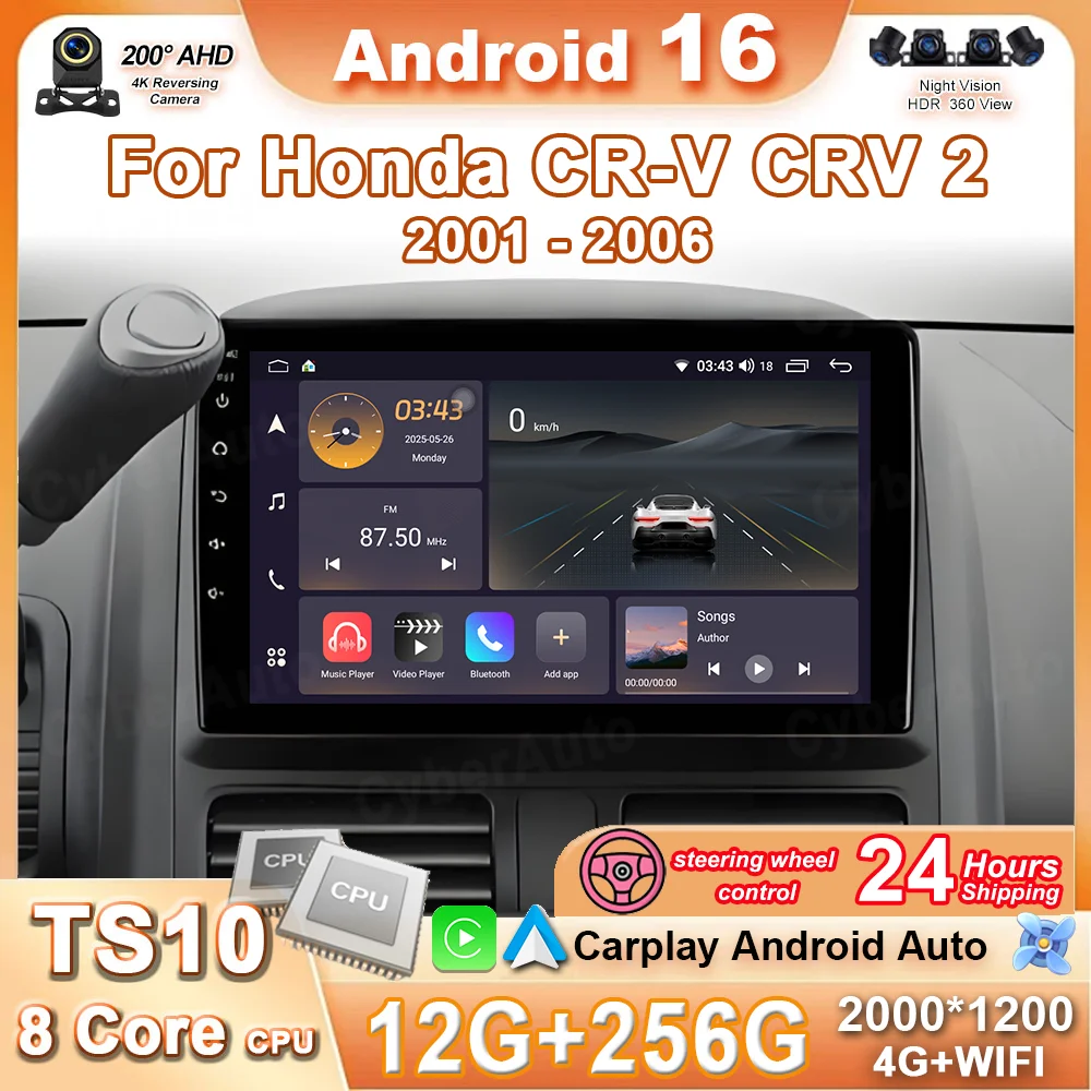 

Android 16 Auto Multimedia Video Player For Honda CR-V CRV 2 2001 - 2006 Carplay GPS No 2 Din Camera CAR Radio Cooling Fan QLED