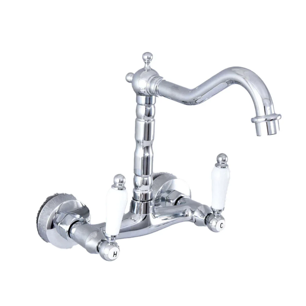 

Silver Polished Chrome Brass Wall Mounted Dual Ceramic Handles Levers Kitchen Bathroom Vessel Sink Faucet Mixer Taps asf775