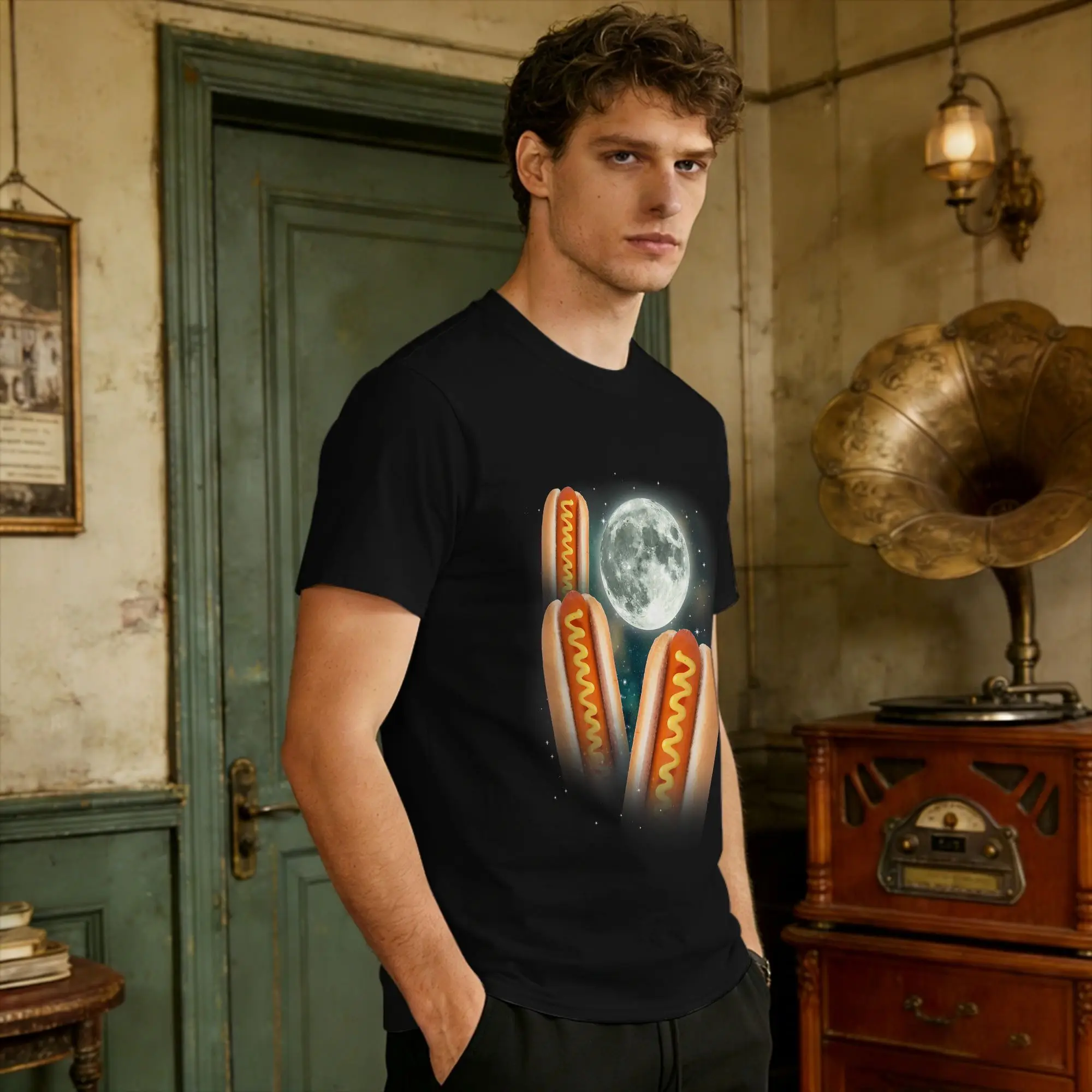 Three Glizzy Moon  T Shirt Summer Howling Hotdogs Cursed Meme Pure Cotton T-Shirt For Men Casual Tshirt Short Sleeve Classic Tee