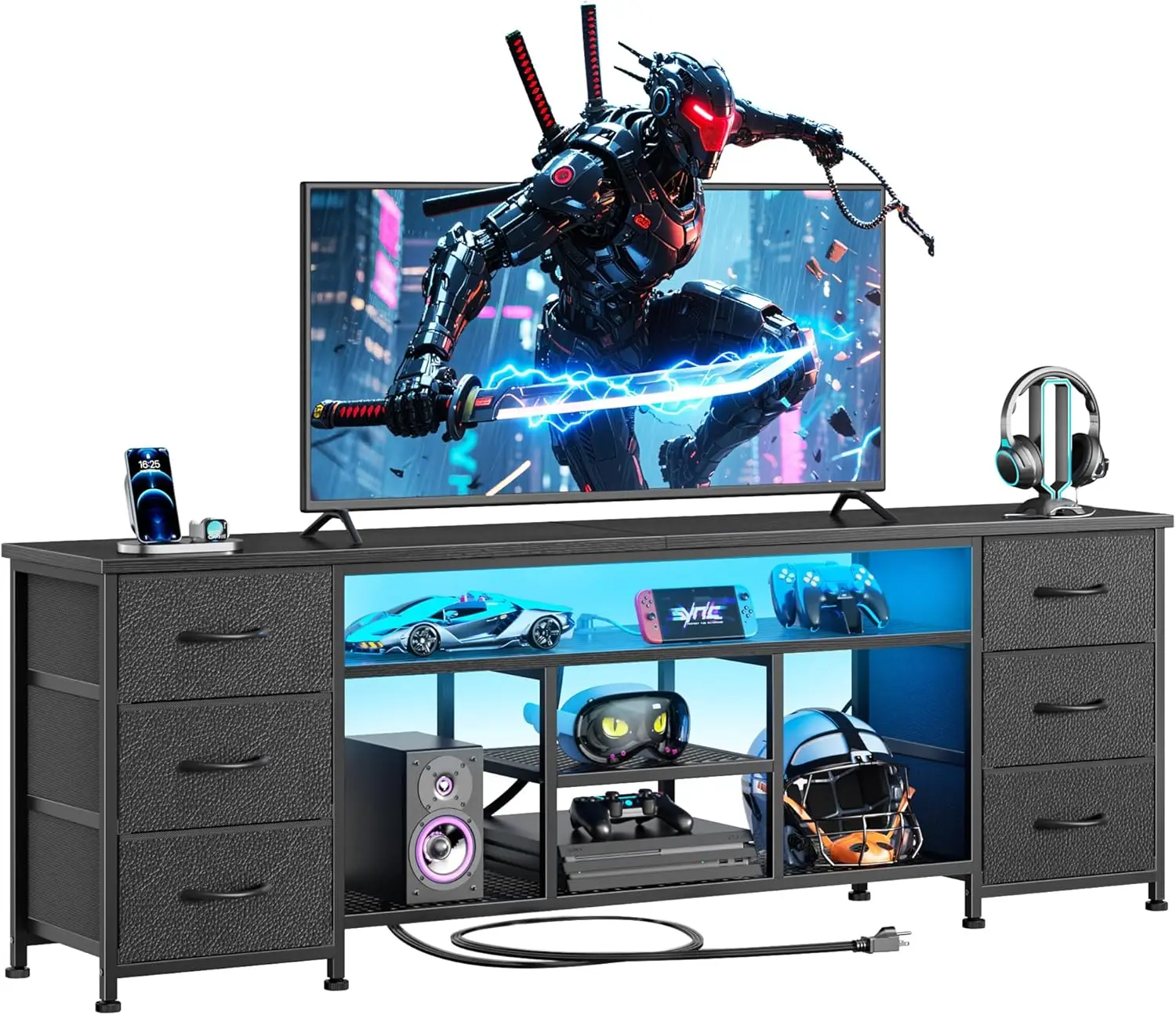 

LED TV Stand for 65 70 80 Inch TV 71 Inch Entertainment Center with Power Outlets 6 Fabric Drawers Dresser for Bedroom Media