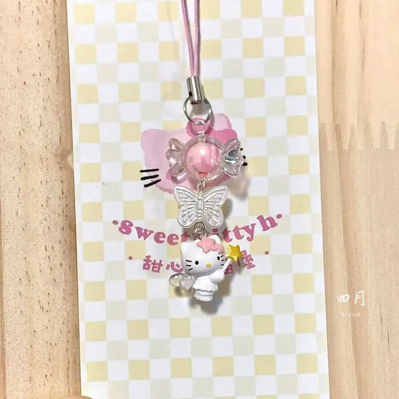 Kawaii Angel Hello Kitty Hanging Chain Sanrio Pegasus Kitty Cat Charm Pendant Beaded Mobile Phone Chain Cat Cos Little Fox Chain