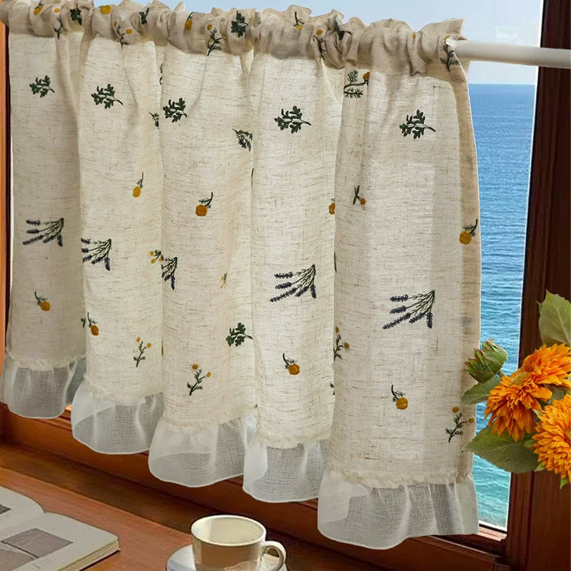 Country-Style Finished Embroidered Linen Short Curtains Kitchen & Door Half Curtain Small Float Partition Curtian