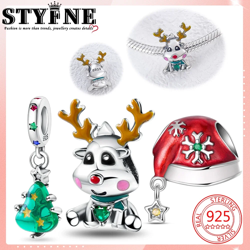 Symbols 2025 New Year Beads 925 Sterling Silver Christmas snowflake hat with green heart shaped elk Charms Bracelets Jewelry