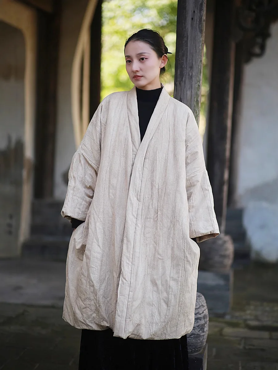 

TIYIHAILEY Women Full Sleeve Long Knee Length Thick Outerwear V-Neck Single Button Jacket Ramie Black Warm Coats Chinese Style