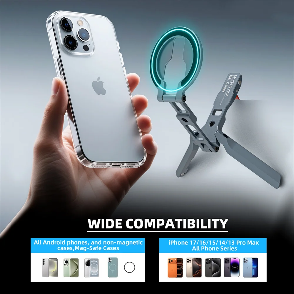 CAMOLO Magnetyczny Statyw do Telefonu Aluminiowy Stojak na Telefon z Składanym Hakiem + Arca-Swiss + Zimna Stopka 1/4'' do iPhone 17 16 Android Magsafe — zdjęcie produktu 5