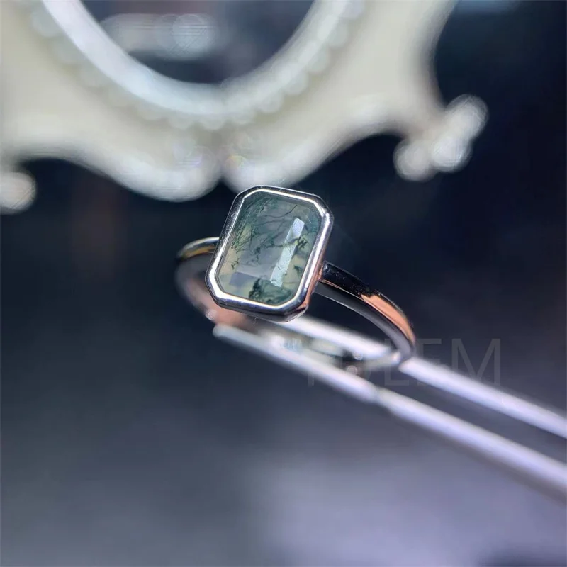 YULEM Simple 2022 New Boutique Jewelry Ring 925 Silver Natural Moss Agate Square Open-loop Women\'s Simple Ring