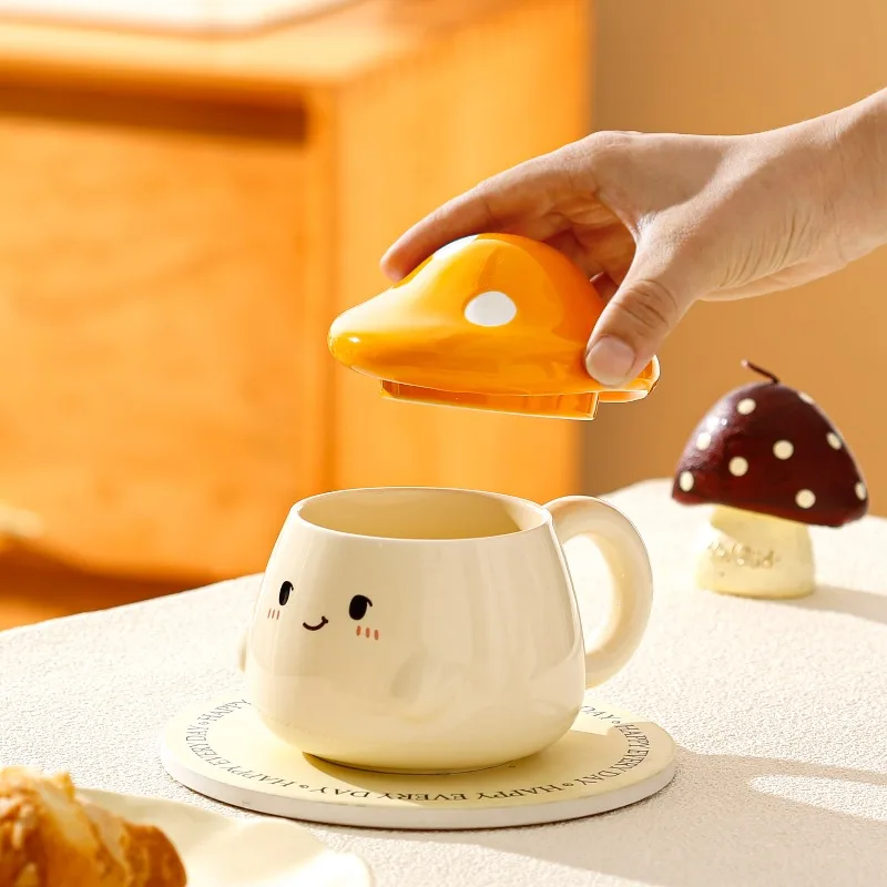 Mushroom Ceramic Mug with Lid Creative Couple's Cup Latte Mug Milk Cup Oat Cup Breakfast Cups Home Drinking Cups Tea Cups view 4