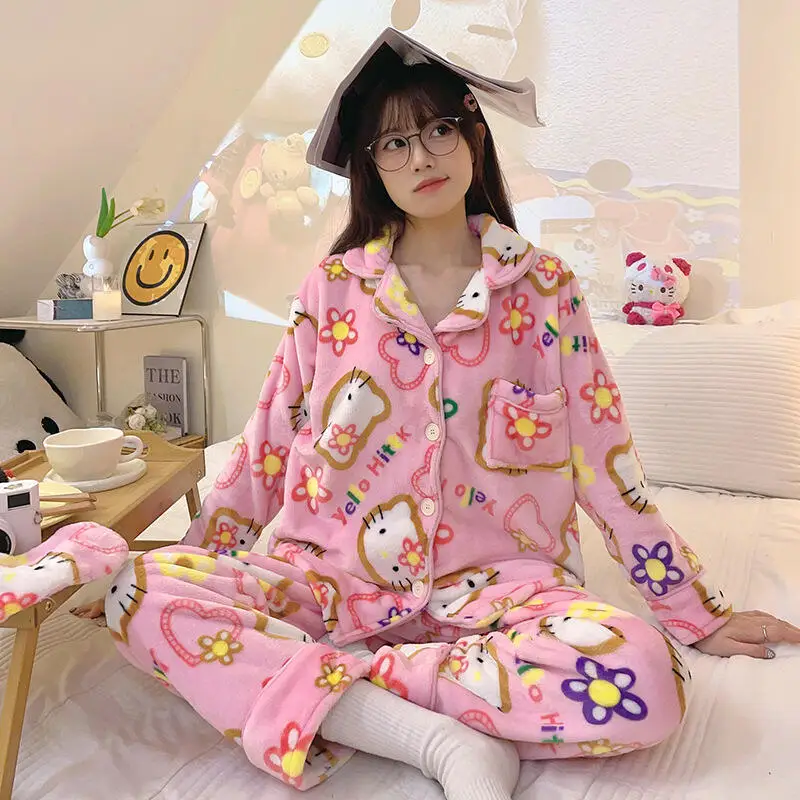 

Горячие аниме, милые женские пижамы, зимние плюшевые теплые пижамы с героями мультфильмов Kawaii Hello Kitty, брюки, новый стиль, милые пижамные комплекты, одежда для сна для девочек
