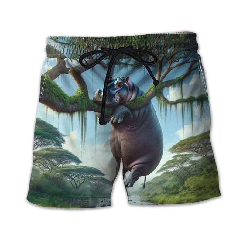 Funny Hippo 3D Print Short Pants For Men Clothes Hip Hop Hawaiian Beach Shorts Casual Male Trunks Cartoon Hippopotamus Trousers