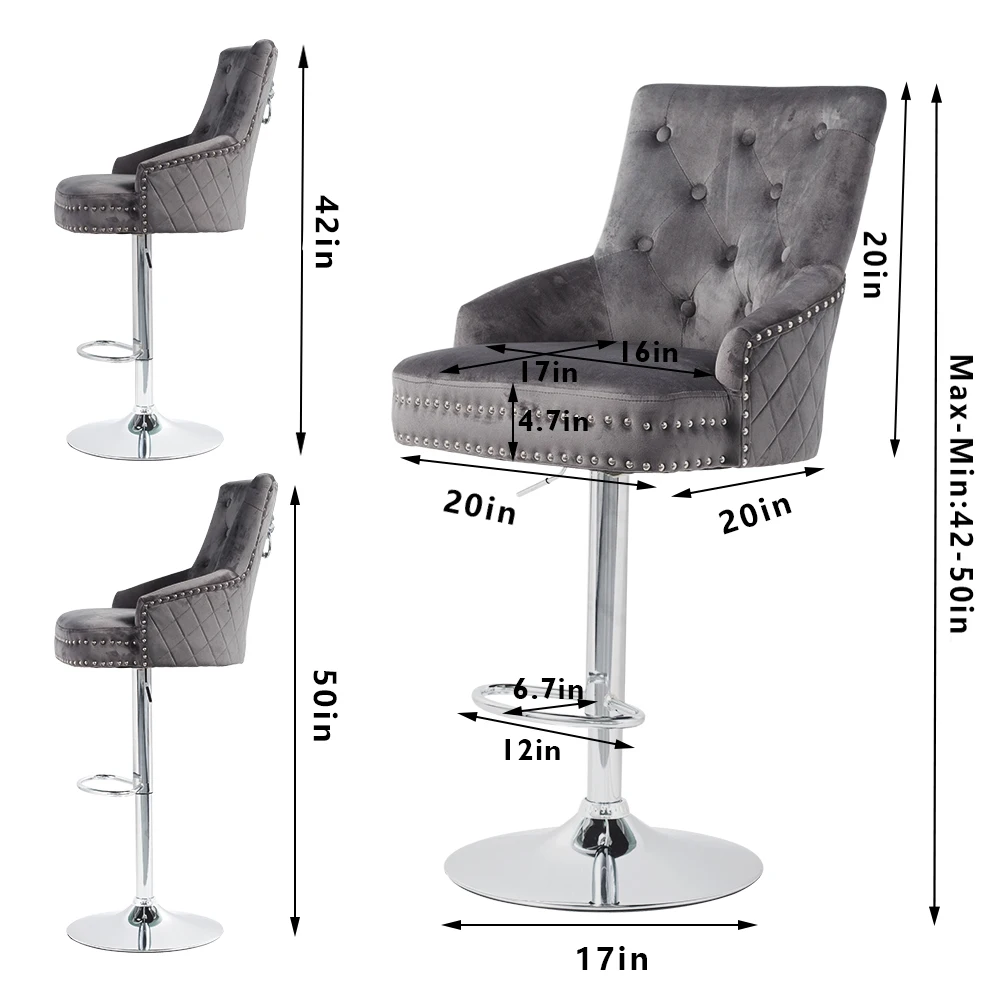 Chaise de salle à manger en velours de comptoir chromé, heurtoir de discussion, base stable, dossier haut, réglable, gris, noir, 1 pièce