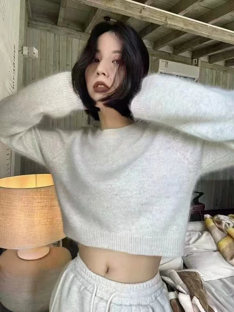 100% Merino Wool Women's Round Neck Short Pullover Loose Autumn Winter Casual Fashion Knitted Cashmere Sweater