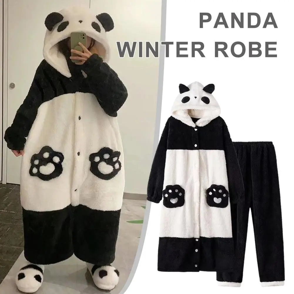 Simpatico panda pigiama vestaglia pantaloni velluto corallo inverno caldo vestiti per la casa set per ragazze pigiama kawaii taglia unica/S/M/L/XL