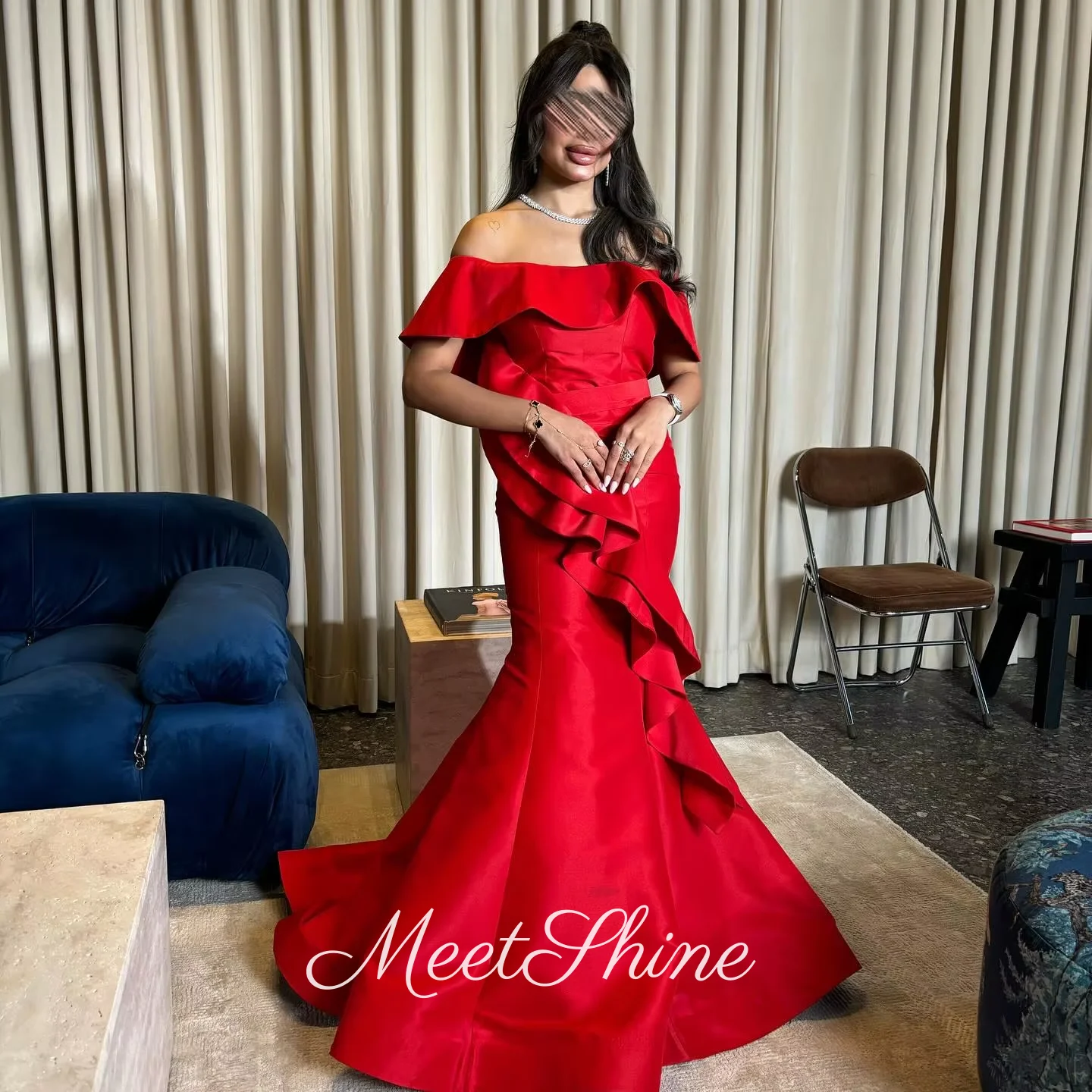 

Red Stain Off Shoulder Evening Dress Mermaid Floor Length Modern Prom Dress for Woman Customized Formal Party Dress 2025